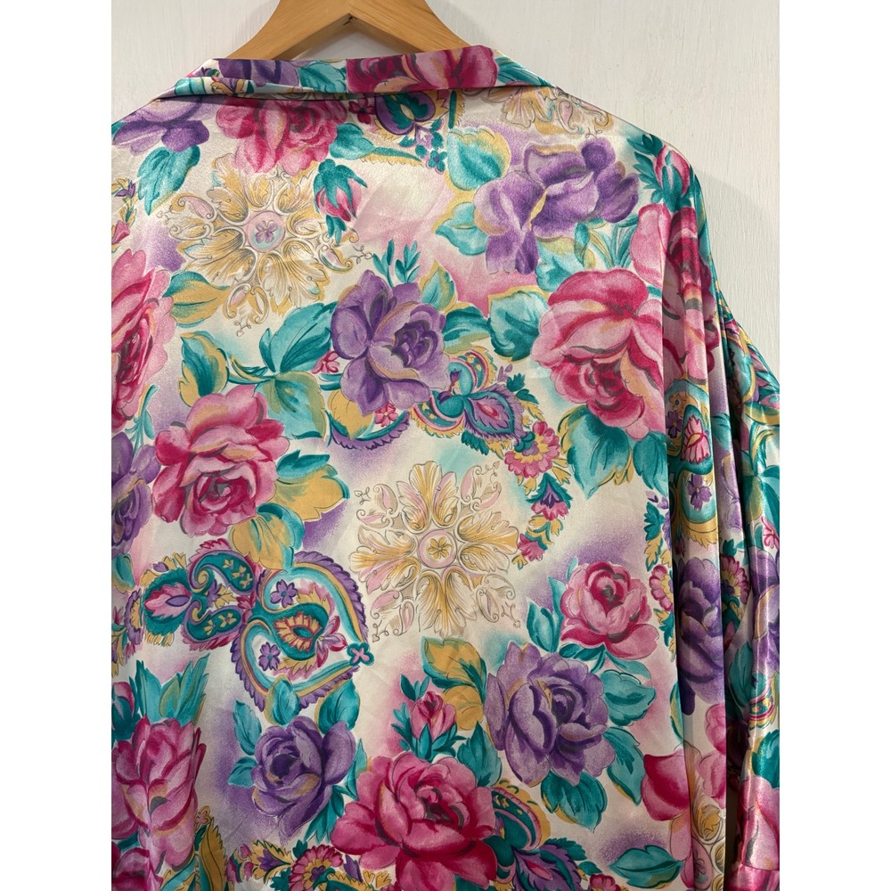 Vintage Adonna Woman Floral Satin Robe Pink Purple Paisley Kimono 2X USA - Picture 4 of 16